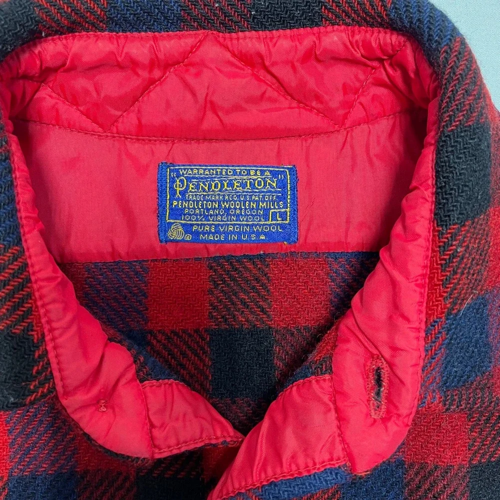 Vtg 70s Pendleton Wool Shirt L‎ Red Navy Buffalo Plaid Lumberjack Trail USA
